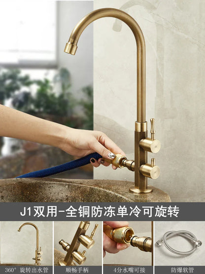 Brass-finished outdoor antifreeze single hole kitchen faucet with curved spout and 360° swivel rotating hose attachment