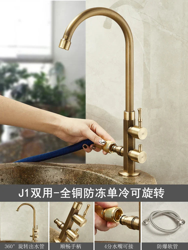 Brass-finished outdoor antifreeze single hole kitchen faucet with curved spout and 360° swivel rotating hose attachment