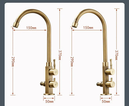 Brass-finished single hole outdoor antifreeze faucet with antique brass finish and 360° swivel spout for balcony use