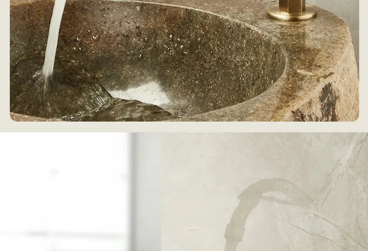 Rustic stone sink with a single hole antique brass outdoor antifreeze faucet featuring a 360° swivel spout