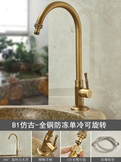 Antique brass single hole outdoor antifreeze faucet with 360-degree swivel curved spout for balcony wash basin
