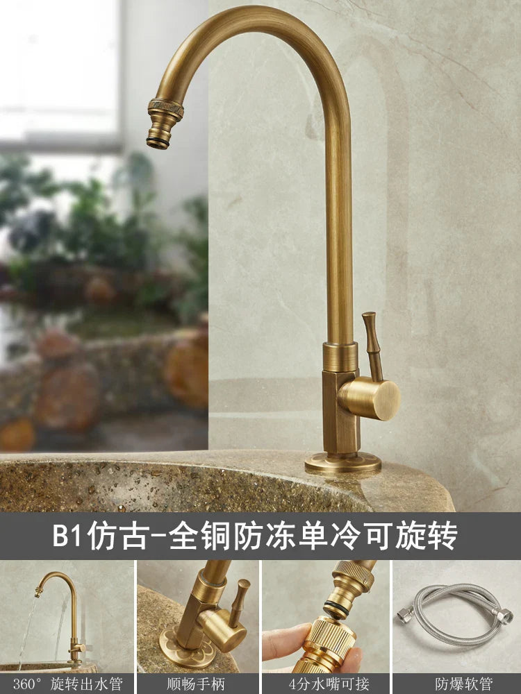 Antique brass single hole outdoor antifreeze faucet with 360-degree swivel curved spout for balcony wash basin
