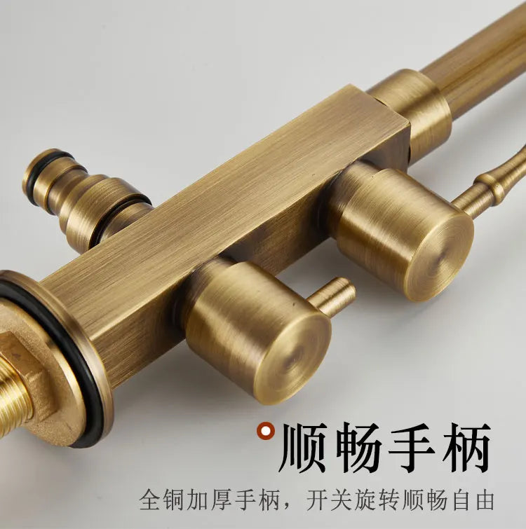 Brass-finished full-copper outdoor antifreeze single hole faucet with brushed surface and dual knobs for balcony use