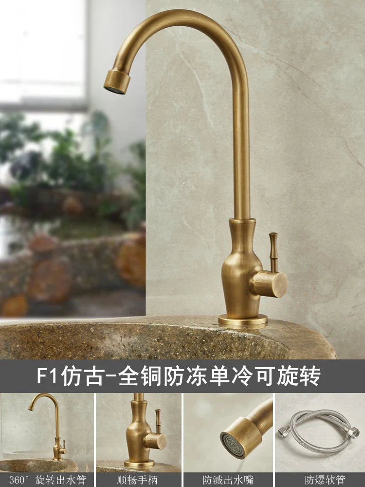 Antique brass single hole outdoor antifreeze faucet with single handle curved spout and 360 degree swivel rotation