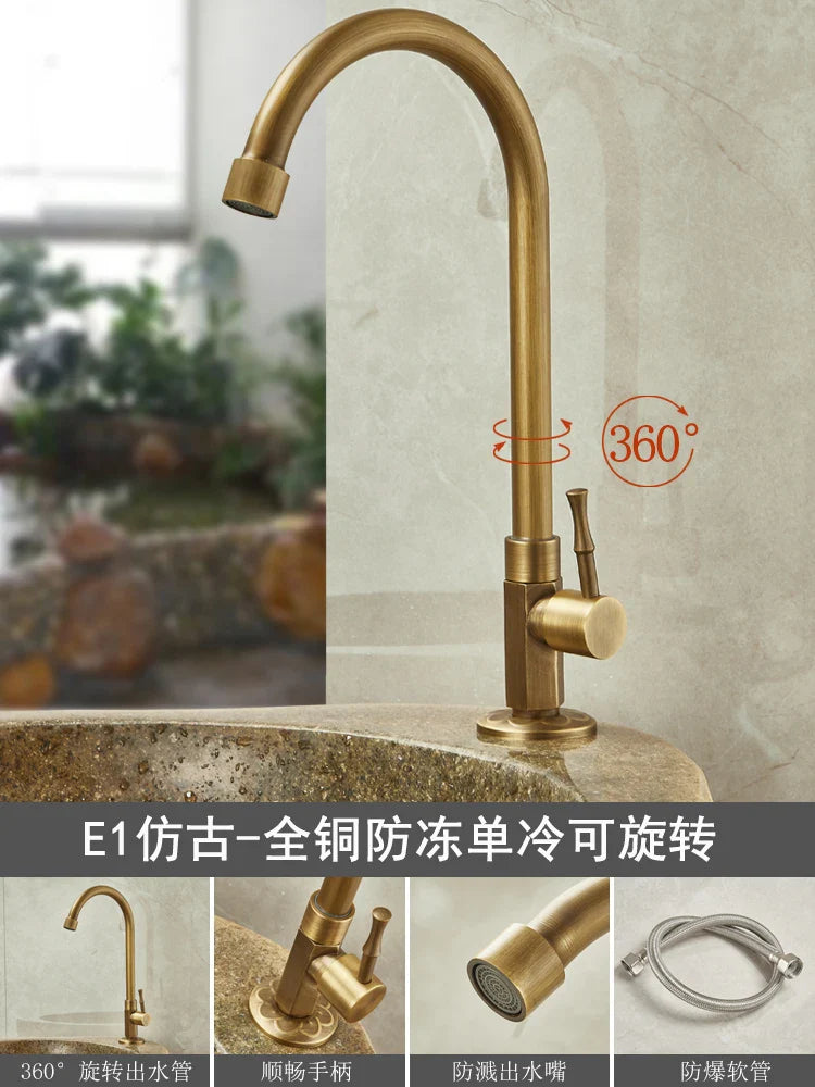 Brass-finished single hole outdoor antifreeze faucet with 360-degree swivel rotating spout and polished copper accents