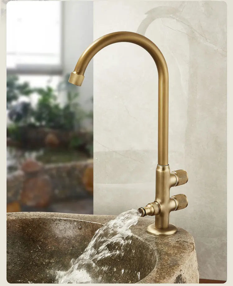 Antique brass single hole outdoor antifreeze kitchen faucet with curved spout and two textured knobs for cold water use