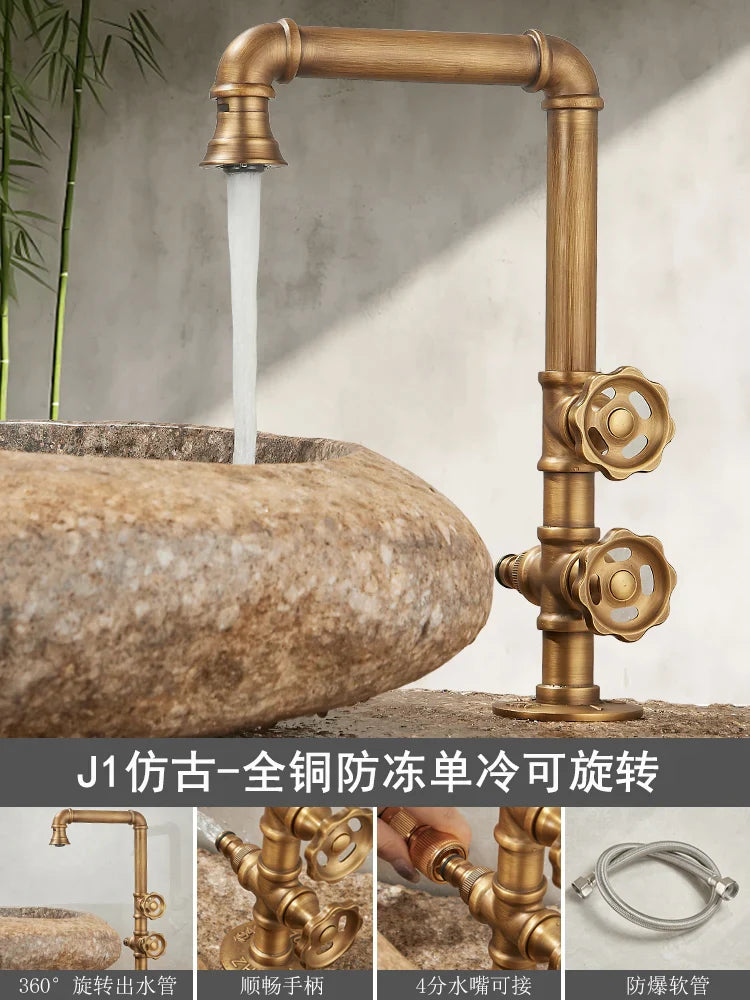 Brass-finished single hole outdoor antifreeze faucet with ornate handles and 360° swivel curved spout for balcony use