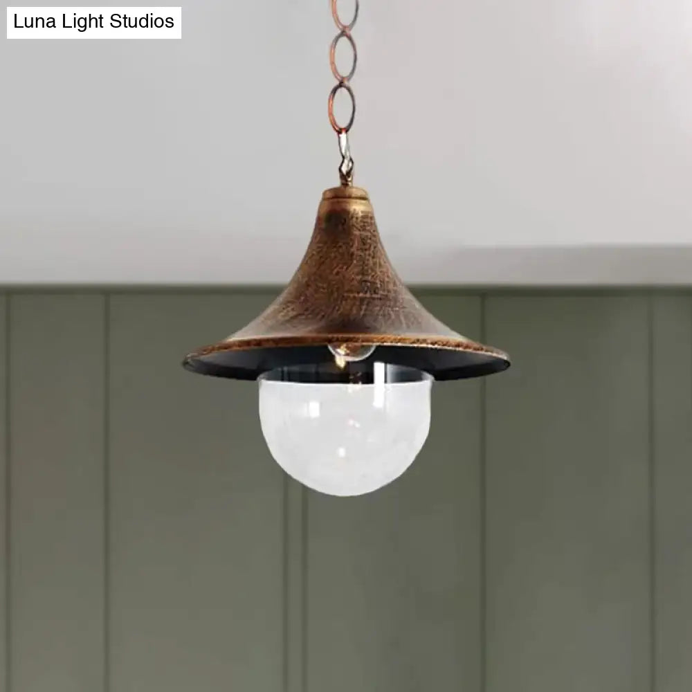 Outdoor Antique Flared Pendant Light with Clear Glass Shade - Rust/Black Finish, 1 Bulb Hanging Lamp