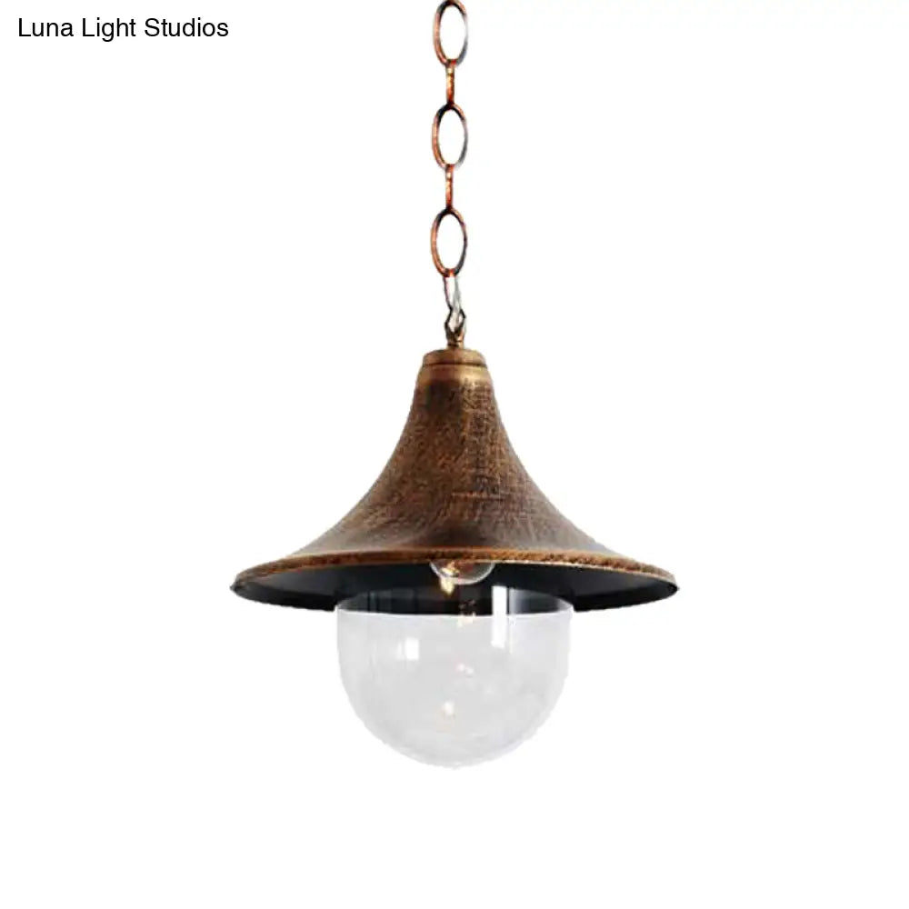 Outdoor Antique Flared Pendant Light with Clear Glass Shade - Rust/Black Finish, 1 Bulb Hanging Lamp