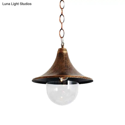 Outdoor Antique Flared Pendant Light with Clear Glass Shade - Rust/Black Finish, 1 Bulb Hanging Lamp