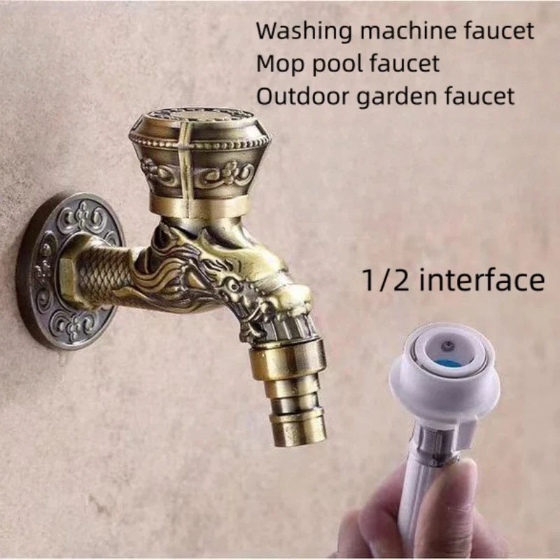 Antique brass wall mounted outdoor faucet with dragon carving and 1/2 inch threaded zinc alloy interface