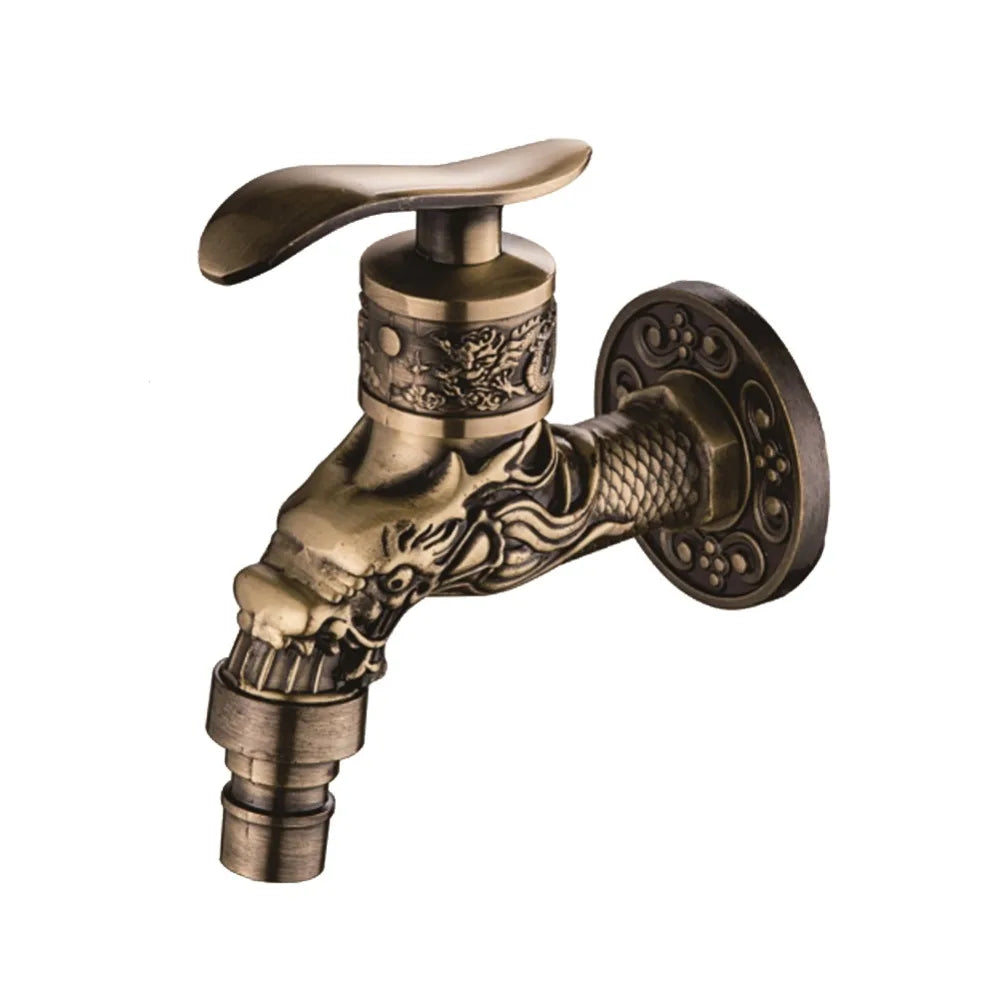 Antique brass wall mounted outdoor faucet with dragon-themed embossed zinc alloy design and classic lever handle