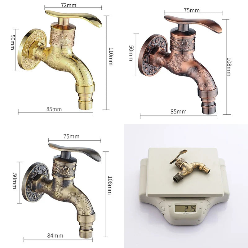 Antique brass-finished wall mounted outdoor faucet with ornate floral engraving curved spout zinc alloy design