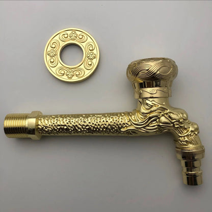 Golden brass wall mounted outdoor faucet with intricate dragon design and ornate zinc alloy circular flange