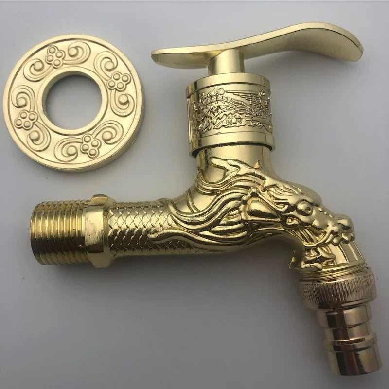 Golden brass wall mounted outdoor faucet with intricate dragon design and ornate zinc alloy circular flange