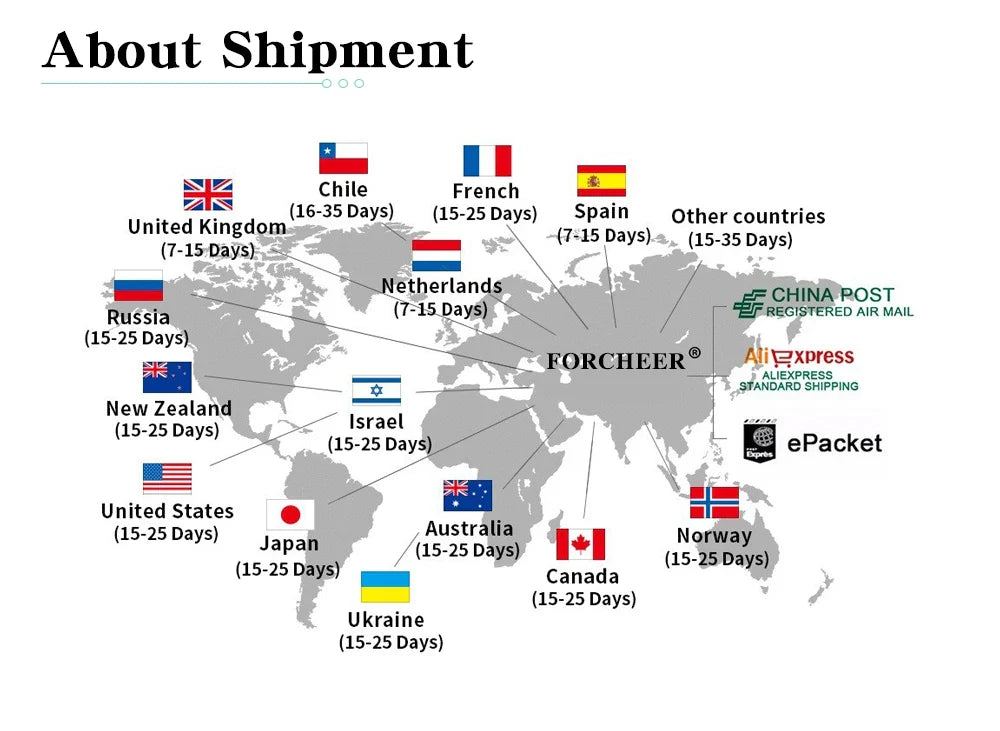 Gray world map graphic with country flags and shipping info for forcheer bonsai pot outdoor garden landscape succulent plants pots