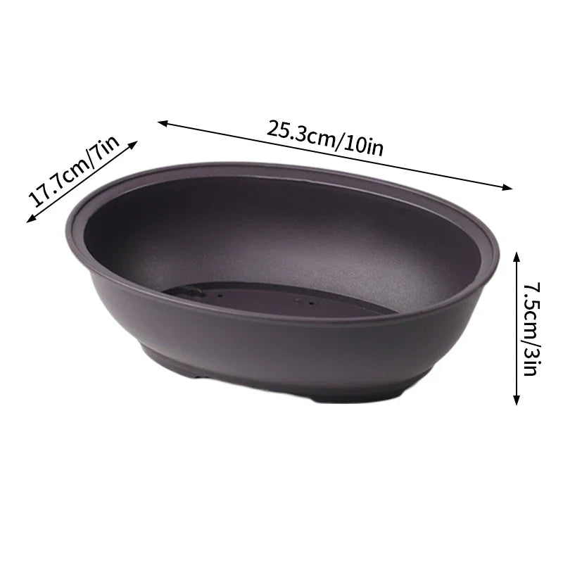 Dark gray oval ceramic bonsai pot with smooth matte finish and footed base ideal for succulent plants pots outdoors