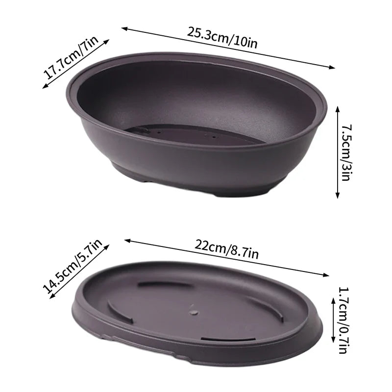 Dark gray oval ceramic bonsai pot with matching saucer designed for succulent plants pots and outdoor garden use