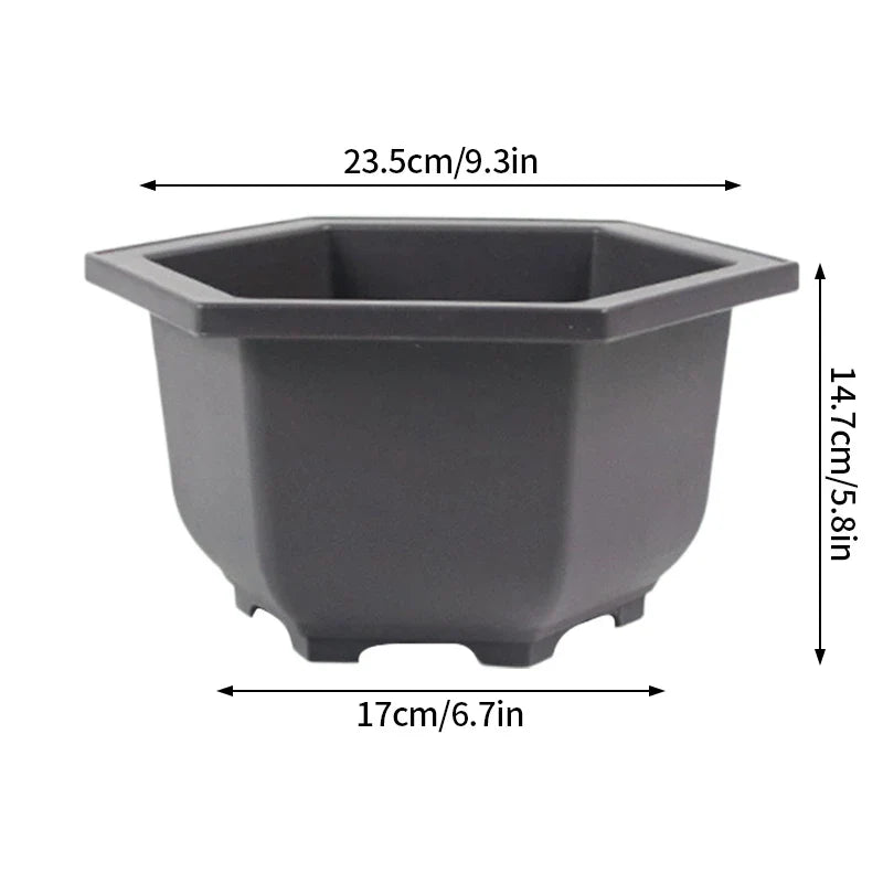 Dark gray hexagonal plastic bonsai pot with rounded edges for outdoor garden landscape succulent plants pots
