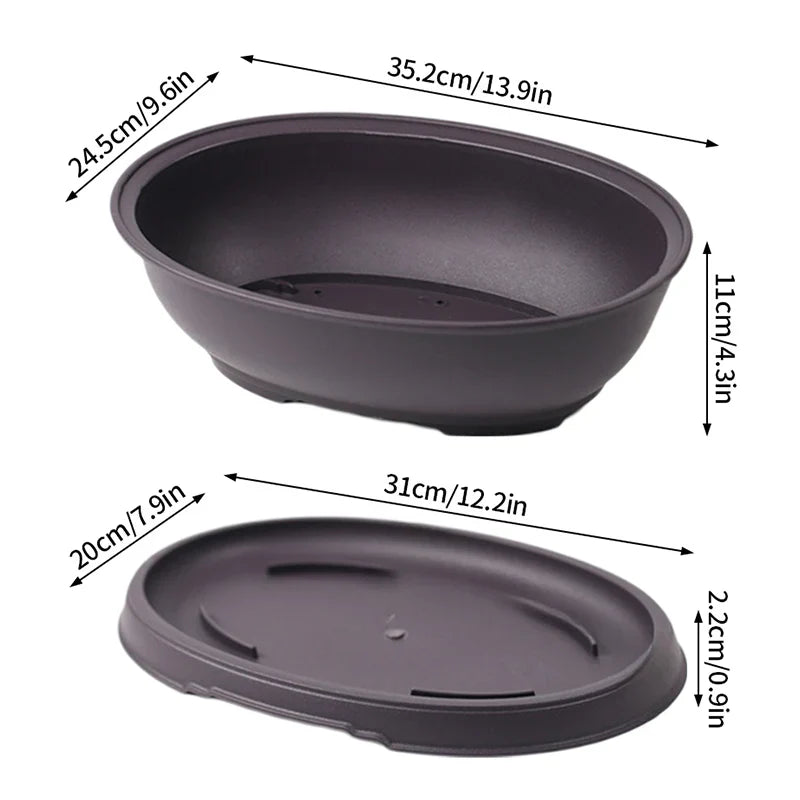 Black oval-shaped ceramic bonsai pot with matching saucer for succulent plants pots and outdoor garden landscape use