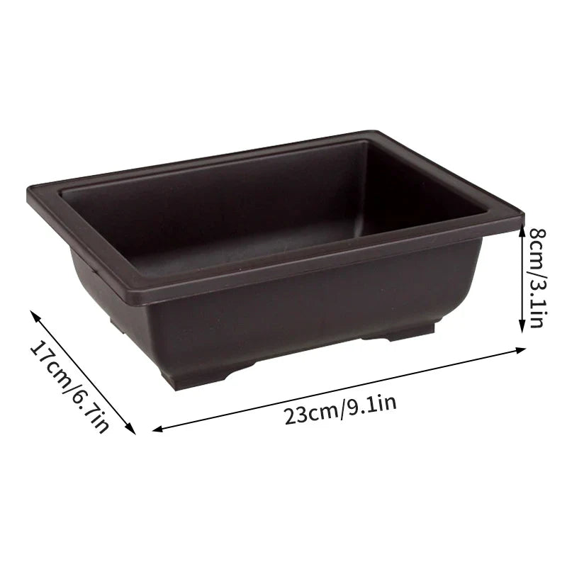 Dark brown rectangular plastic bonsai pot with rounded corners and shallow wide interior for succulent plants pots