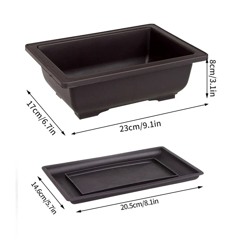 Black rectangular bonsai pot with matching tray made of smooth plastic for outdoor garden succulent plants pots