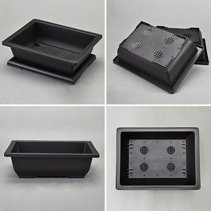 Black rectangular plastic bonsai pot with matching drainage tray and perforated base insert for succulent plants pots