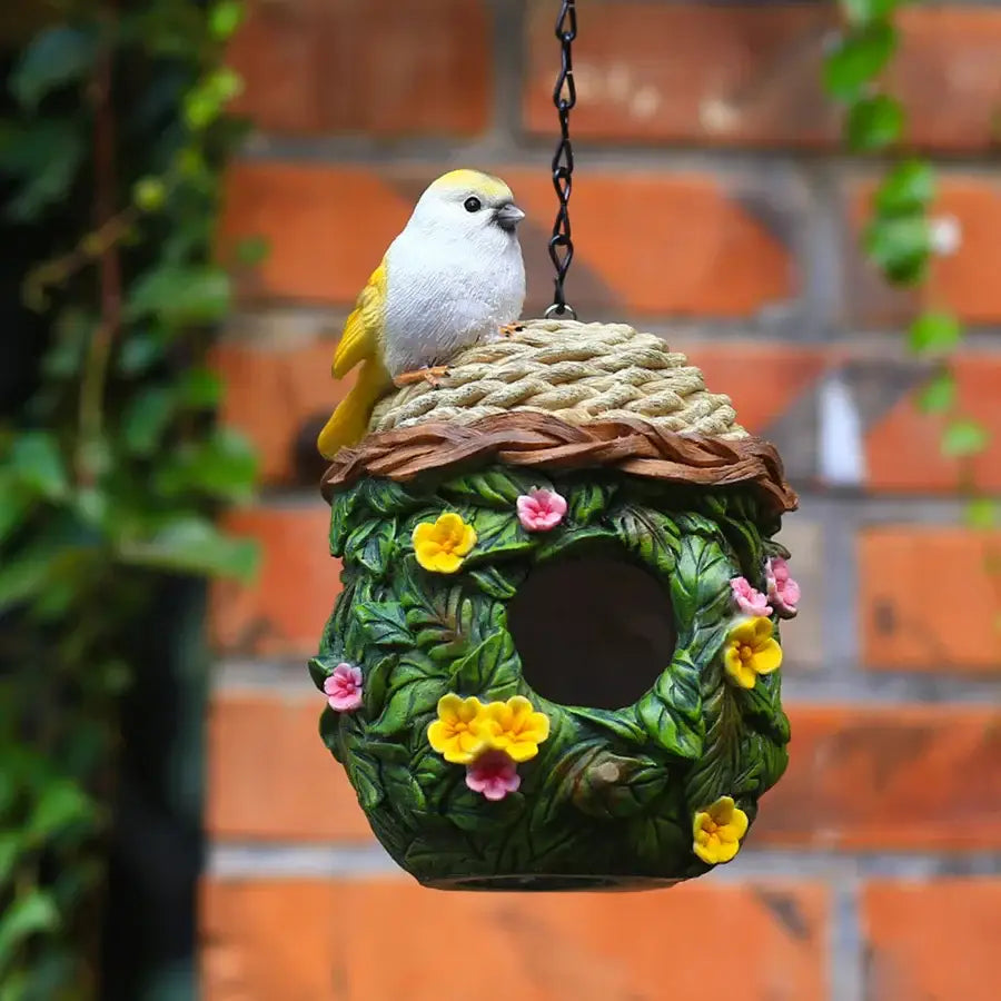 Decorbites™ bird lovers outdoor hanging resin birdhouse with green leaves yellow pink flowers and small birds figurine