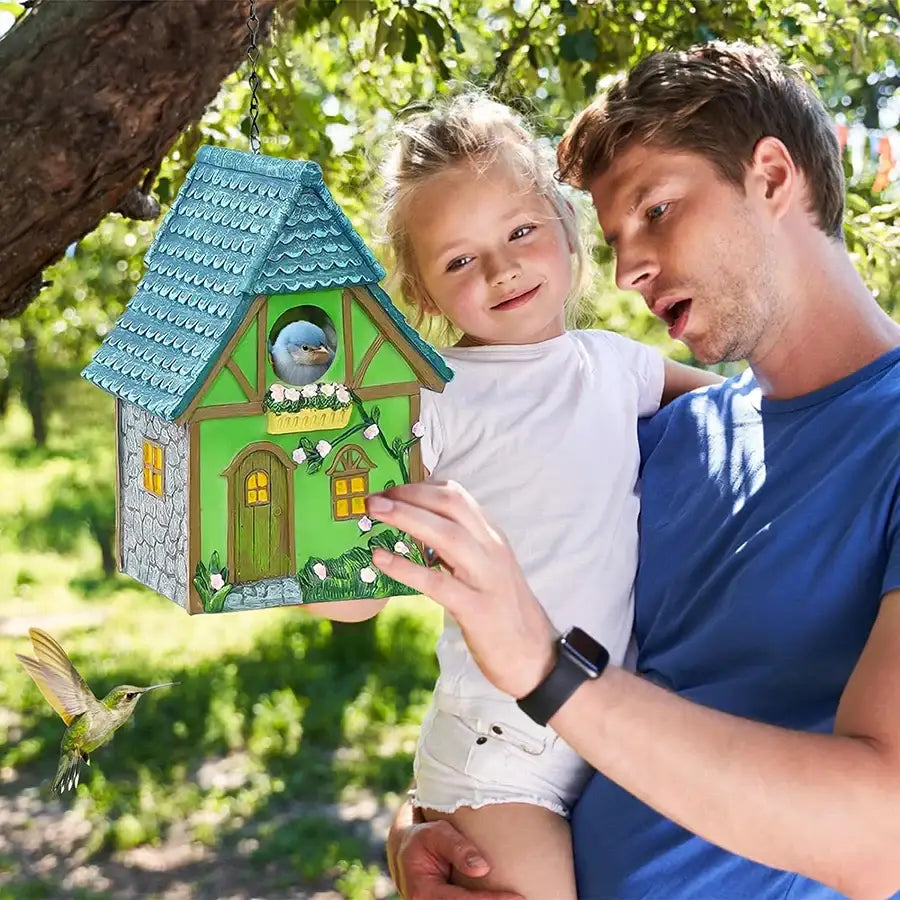 DecorBites™ small birds resin birdhouse in green and blue with tiled roof for outdoor hanging resin use featuring a bluebird