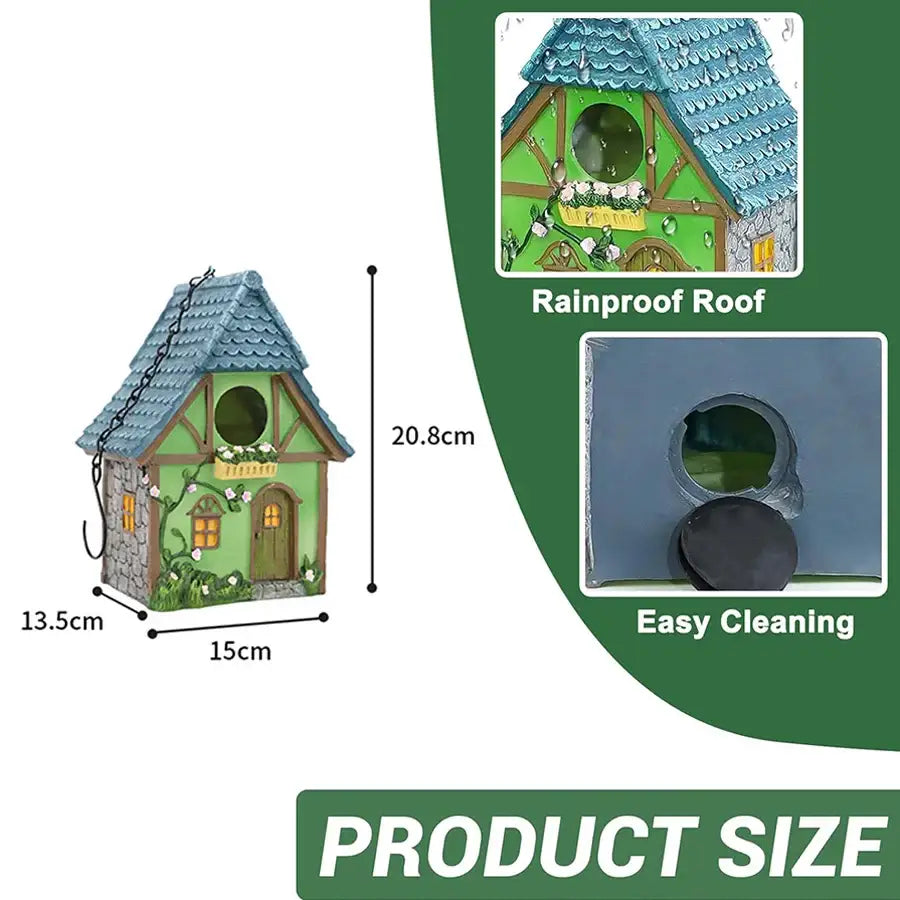 DecorBites™ small birds resin birdhouse with blue tiled roof and stone textured walls for outdoor hanging resin use