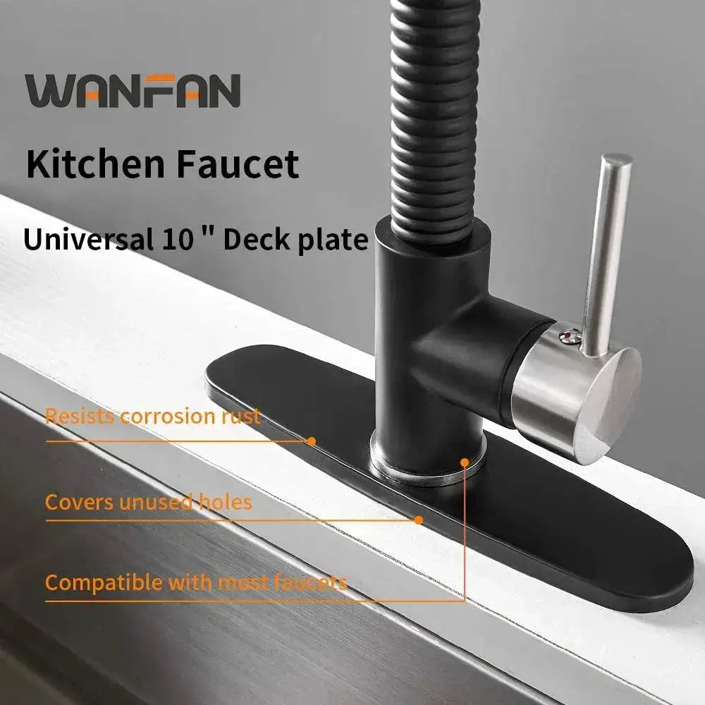 Black and stainless steel kitchen faucet with flexible gooseneck spout and oval decorbites deck plate escutcheon