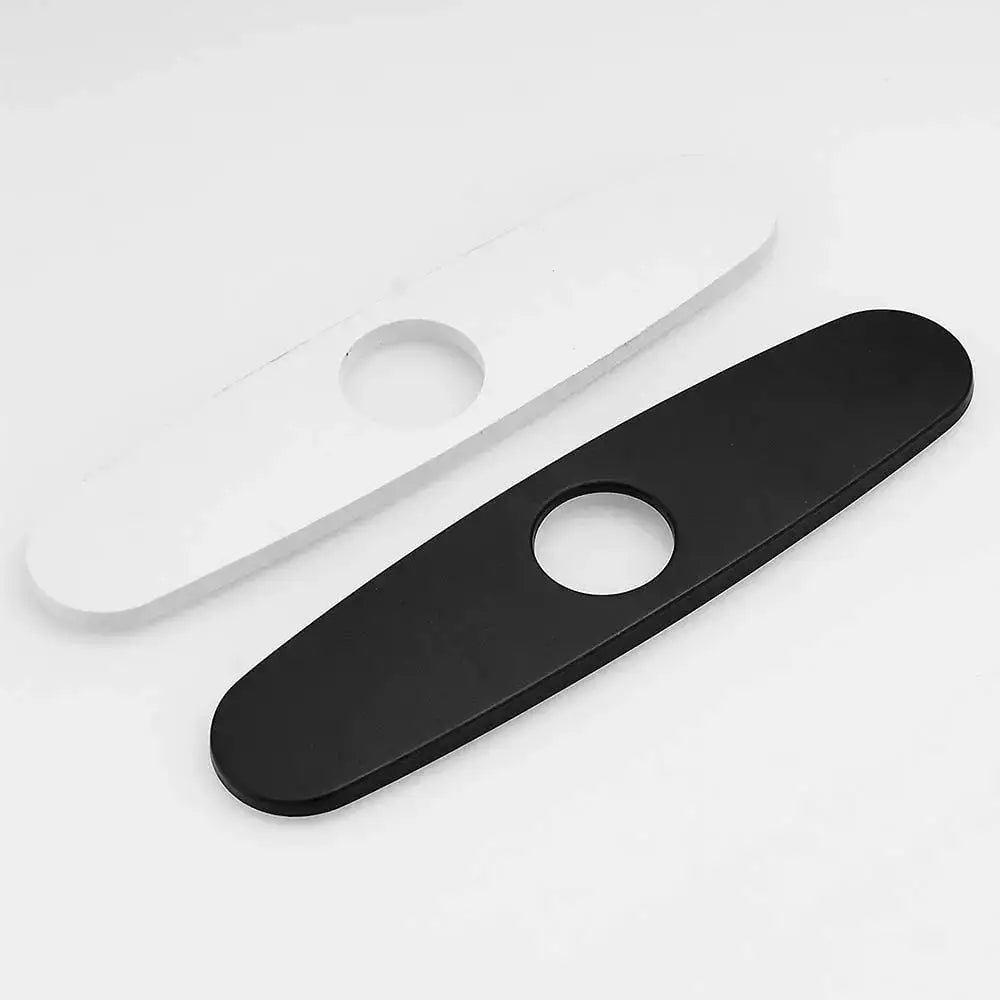 Oval black and chrome decorbites deck plate kitchen faucet escutcheon with black matte finish and central circular hole
