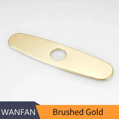 Brushed gold decorbites deck plate faucet escutcheon with elongated oval design and centered circular hole for kitchen use