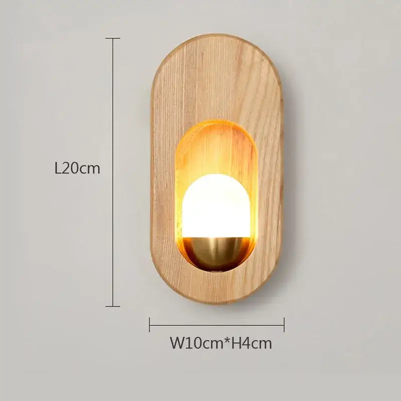Minimalist oval led wooden wall lamp with warm amber glow and polished brass accent for bedroom decorbites led wooden wall