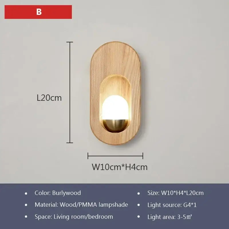 Oval led wooden wall lamp with warm amber light, natural burlywood frame, and brass finish for bedroom decorbites led wooden