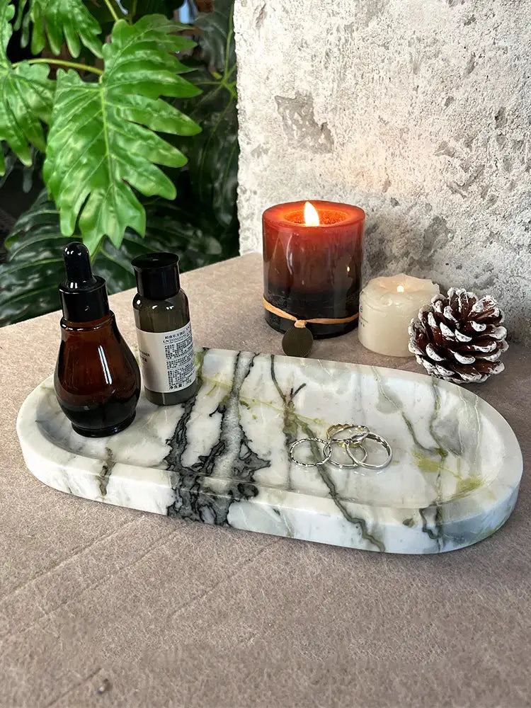 Oval white calacatta marble vanity tray with elegant gray veining for bathroom soap dish decorbites calacatta marble