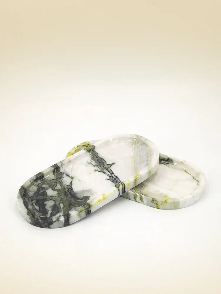 Oval white calacatta marble vanity tray soap dish with black and green veining for bathroom decorbites calacatta marble
