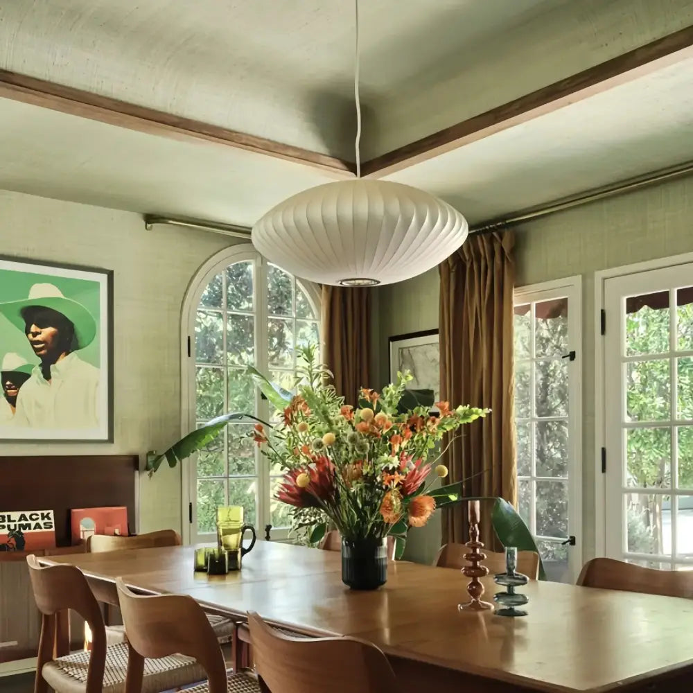Oval cream-colored ribbed bubble silk pendant chandelier for dining room featuring decorbites bubble silk design