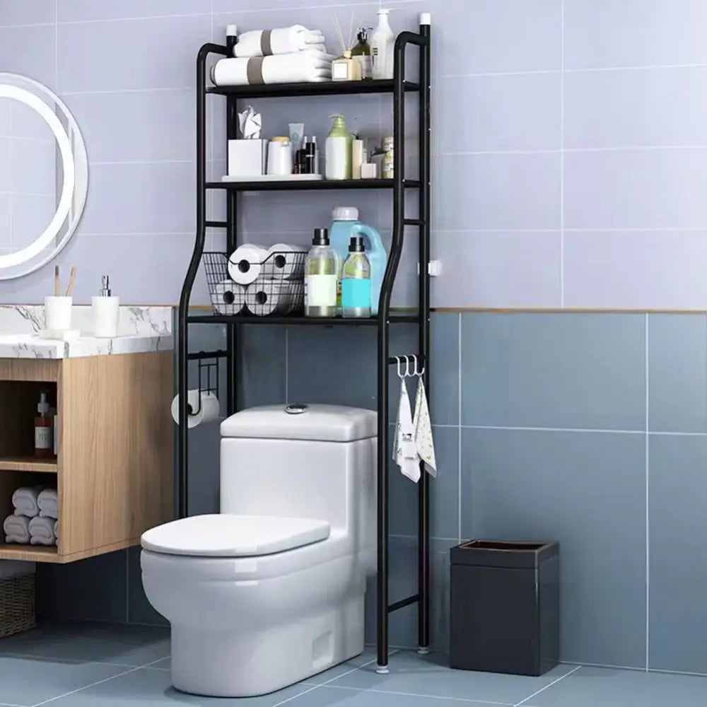 Black metal 3-tier over toilet storage shelf with hooks by decorbites for maximizing vertical space