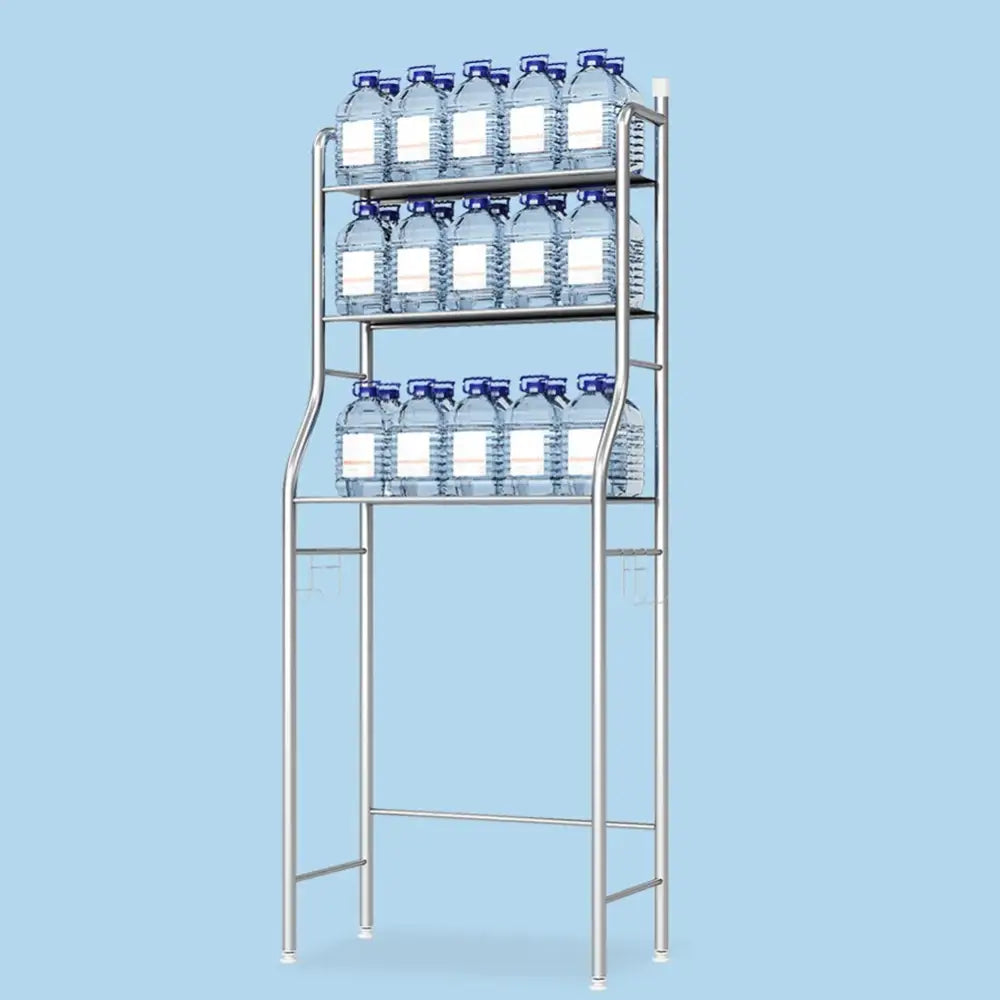DecorBites™ stainless steel 3-tier storage shelf holding clear bottles for efficient toilet storage and vertical space use