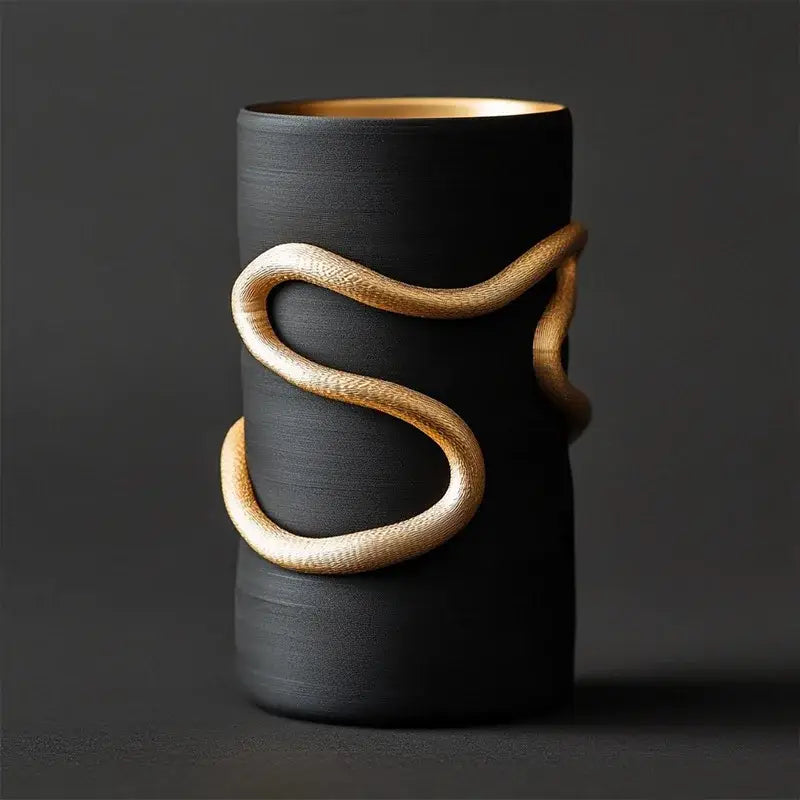 Black ceramic cylindrical vase with textured gold black snake pattern winding around side for living room decor