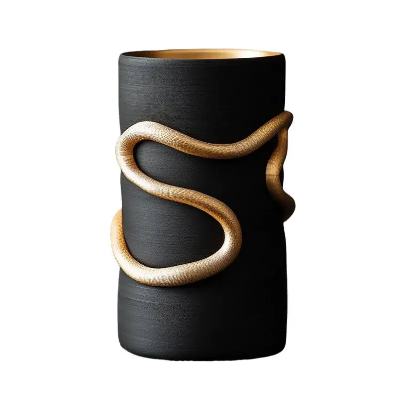 Black ceramic pagoda tiered box with gold-toned textured black snake pattern for living room decor