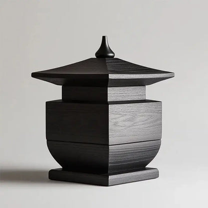 Black and gray wood-toned pagoda-style decorative box with black snake pattern tiered design for living room decor