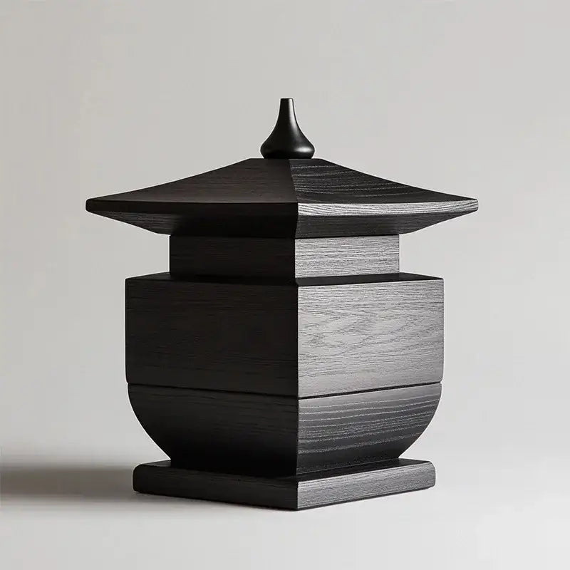 Black and gray wood-toned pagoda-style decorative box with black snake pattern tiered design for living room decor