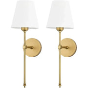 Pair of brass-finished wall lamp sconces with white fabric shades for bedroom decor featuring decorbites contemporary led design