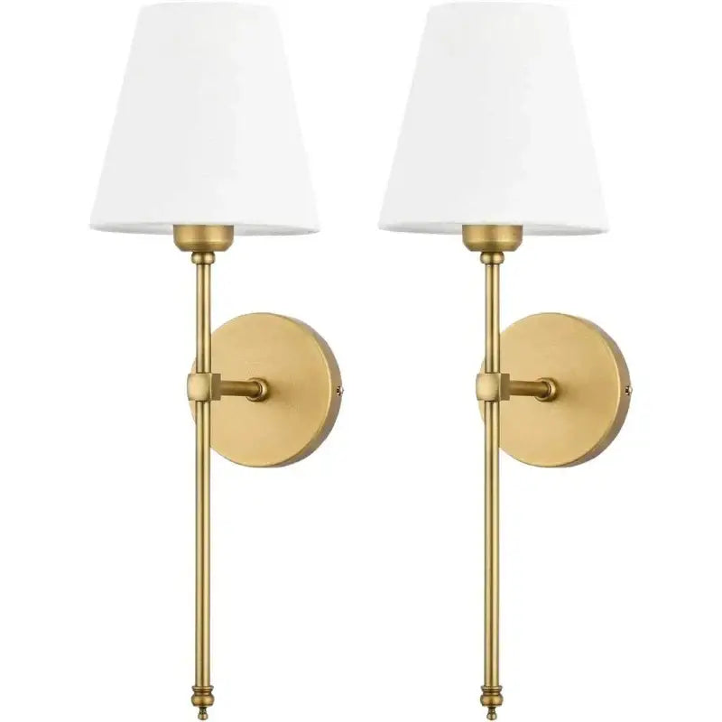 Pair of brass-finished wall lamp sconces with white fabric shades for bedroom decor featuring decorbites contemporary led design