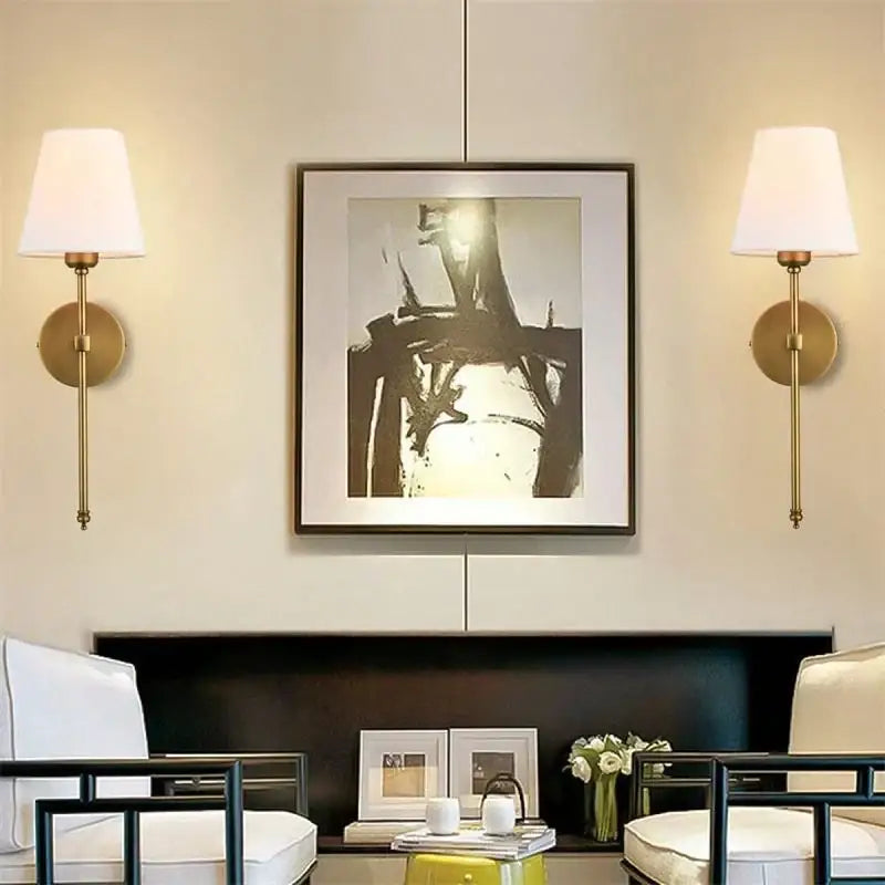 Pair of brass wall lamp sconces with white fabric shades for bedroom decorbites contemporary led wall lighting