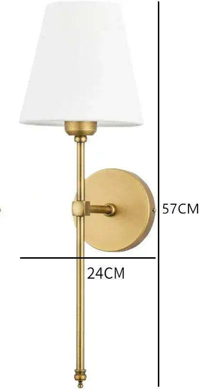 Pair of brass wall lamp sconces with white fabric shade for contemporary led wall decor in bedroom settings