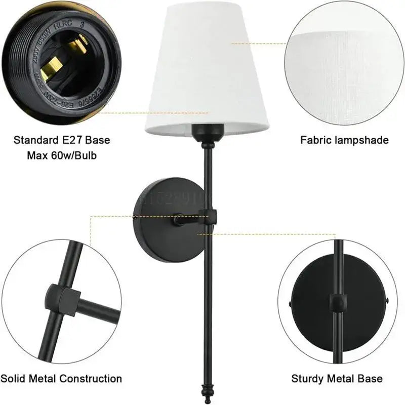 Black metal wall lamp with white fabric lampshade for bedroom decorbites contemporary led wall lighting design