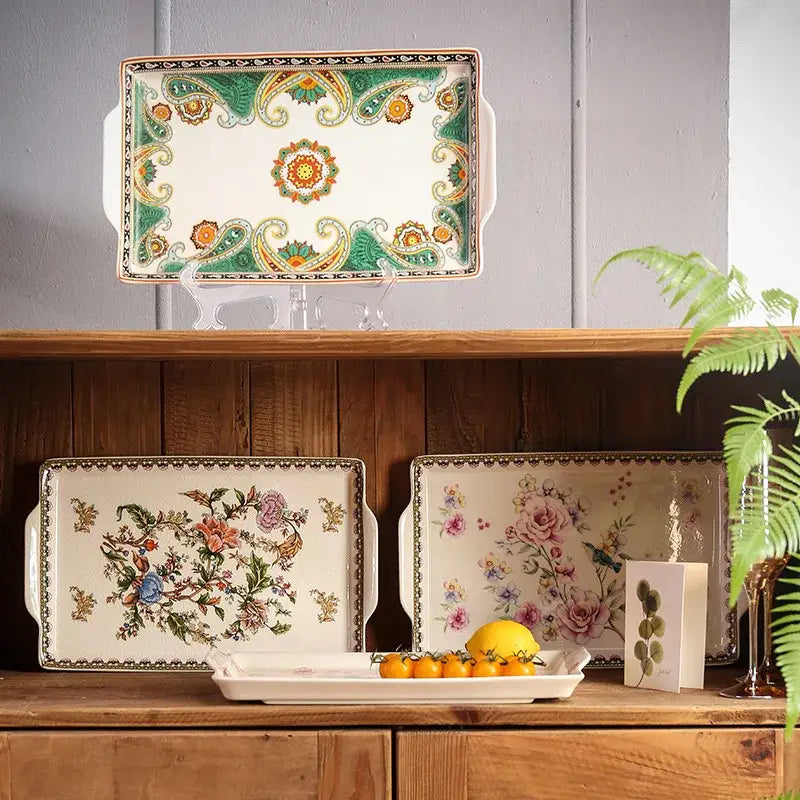Rectangular ceramic ice crack tray featuring ornate green orange and gold paisley design for decorbites kitchen use